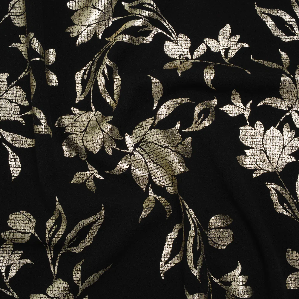 Image of Stretch Polyester Crepe Scuba Knit with Foiled Print - Gold and Black Floral - Designer Deadstock