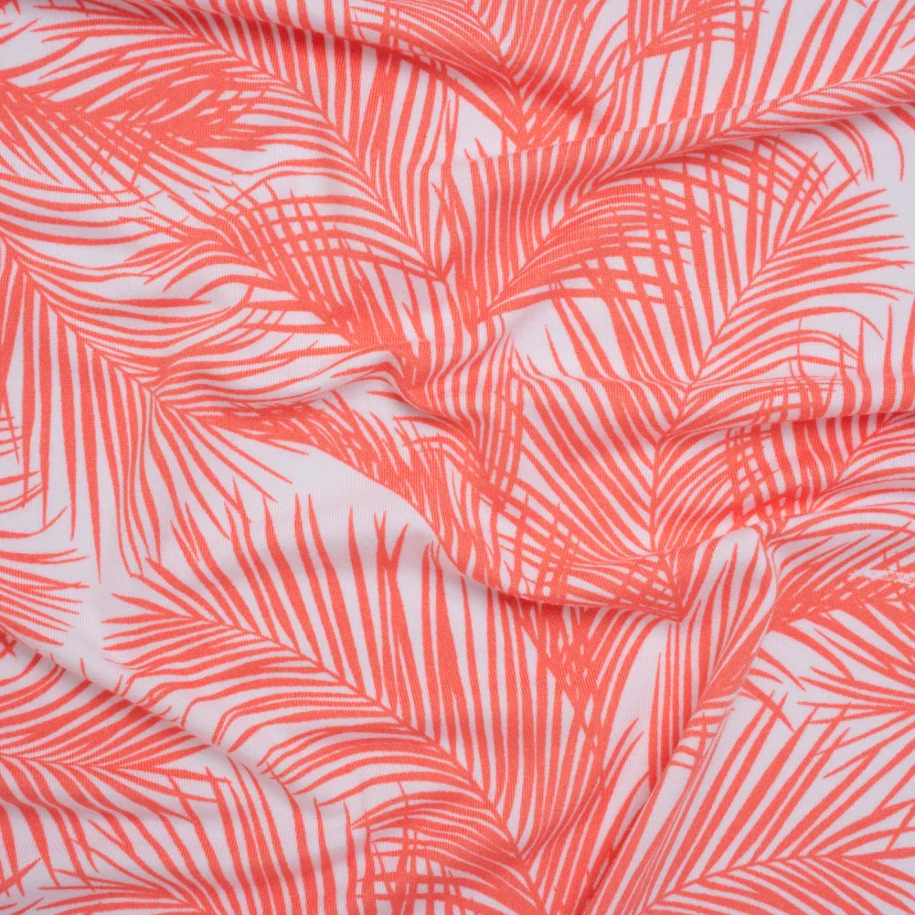 Image of Stretch Polyester ITY Jersey Print - Coral Pink and White Palm Fronds - Deadstock