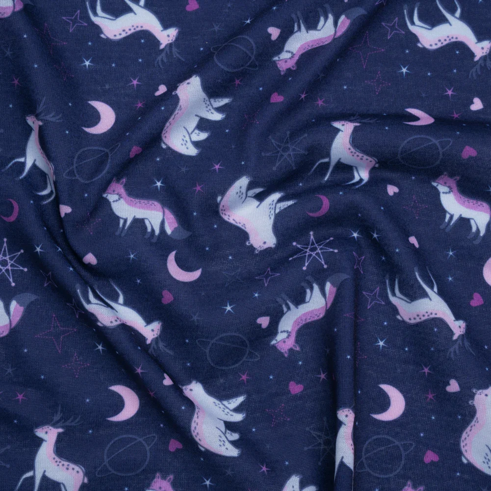 Image of Recycled Polyester Jersey Print - Navy, Purple and White Celestial Animals - Deadstock