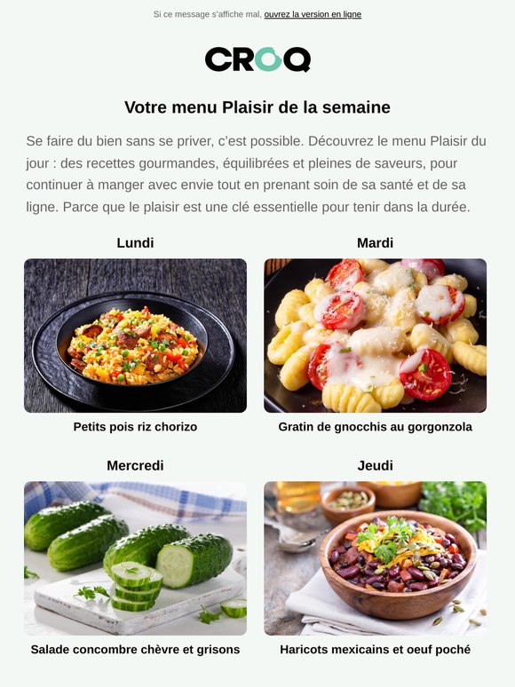 Votre menu Plaisir de la semaine