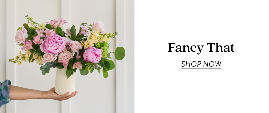 Product feature for “Fancy That,” showing a pink, blush, green, and white floral arrangement in a cream vase held out by someone in a blue sleeve. Text on the right reads “Fancy That” with a “Shop Now” link.