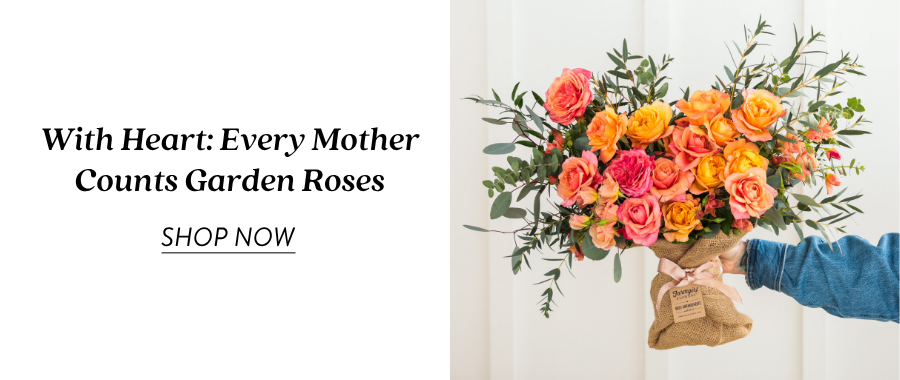 Product feature for “With Heart: Every Mother Counts Garden Roses,” showing a bright burlap-wrapped bouquet with orange, coral, peach, and pink garden roses held out by someone in a blue sleeve. Text on the left reads “With Heart: Every Mother Counts Garden Roses” with a “Shop Now” link.