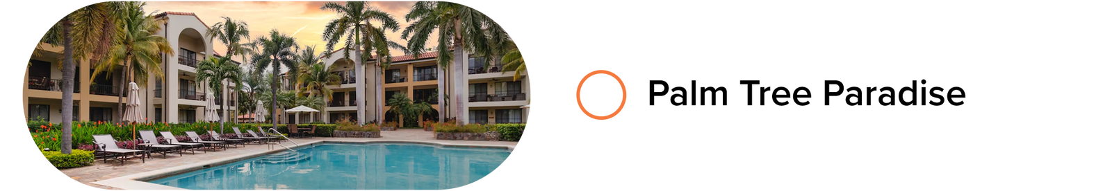 Resort-style pool courtyard with palm trees, loungers, and low-rise buildings at sunset.