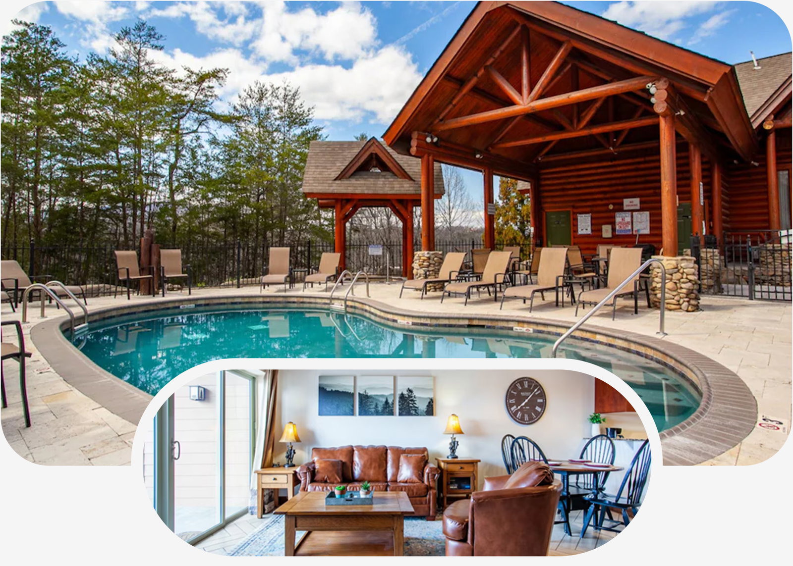 Lodge-style pool area with timber pavilion, stone accents, lounge chairs, and wooded backdrop.