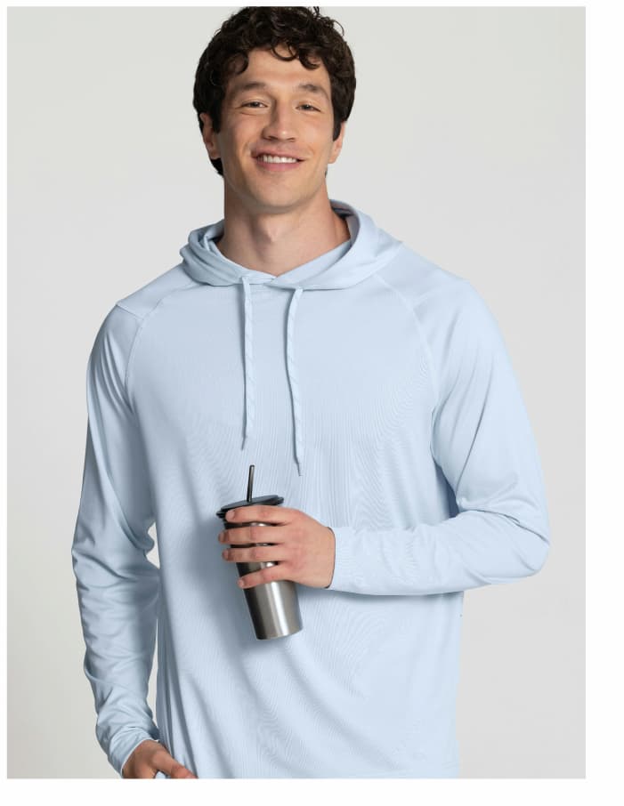 Man wearing UPF 50+ Hooded Sun Shirt in Whispy Blue