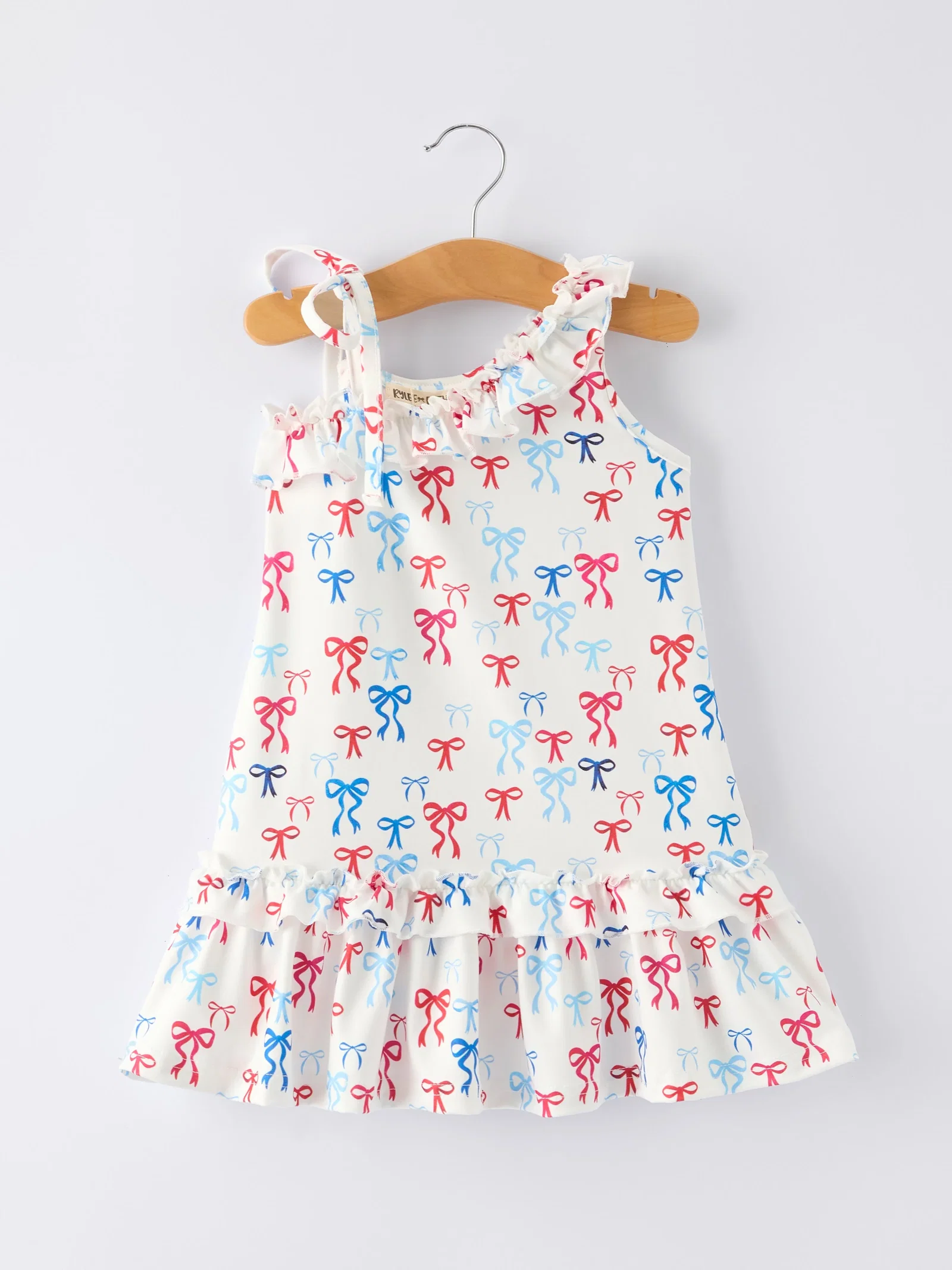 Image of 4th of july Bow Print Girls Dress One Shoulder Ruffle
