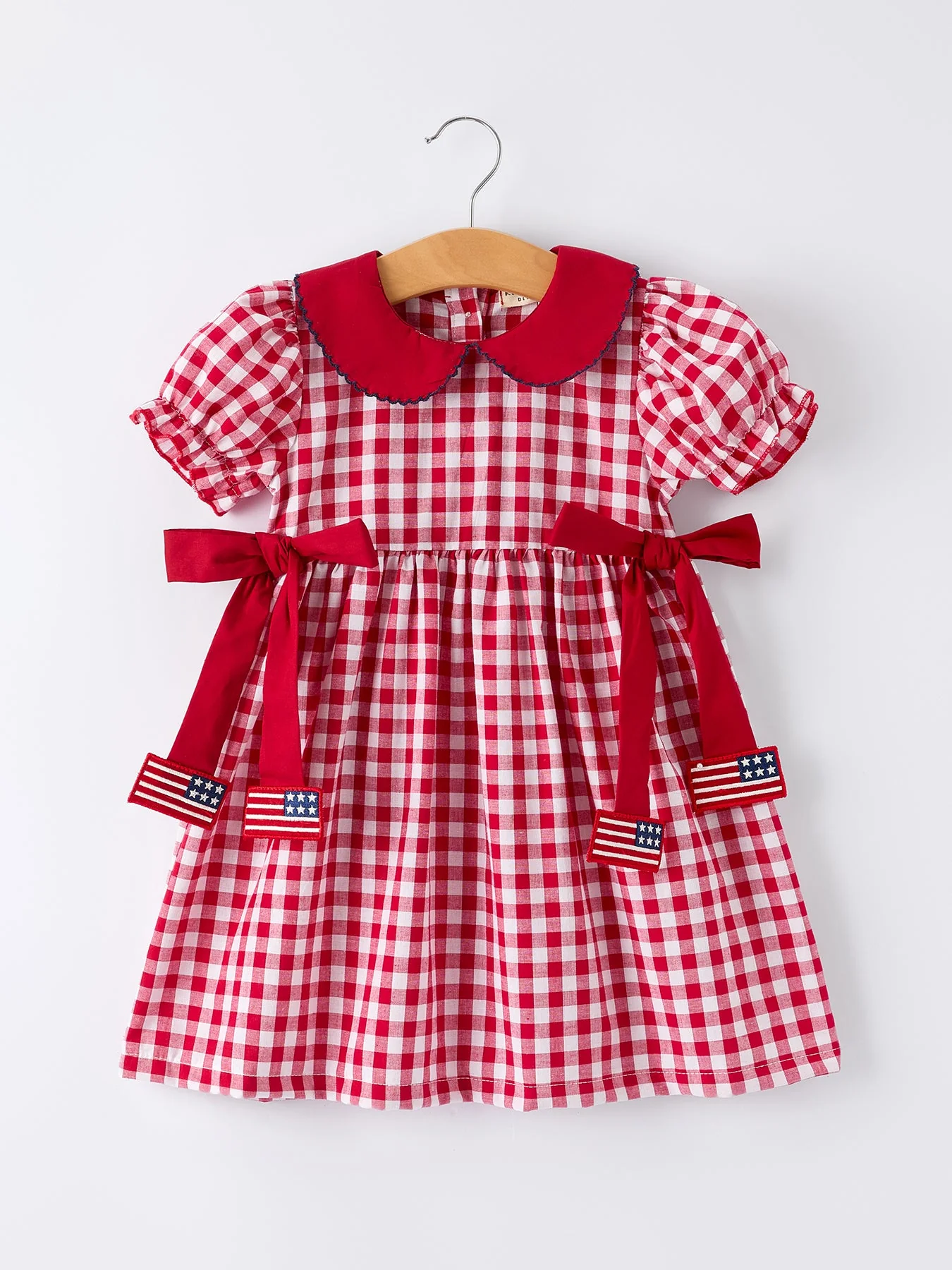 Image of 4th of July Flag Plaid Girl Peter Pan Collar Dress Bow