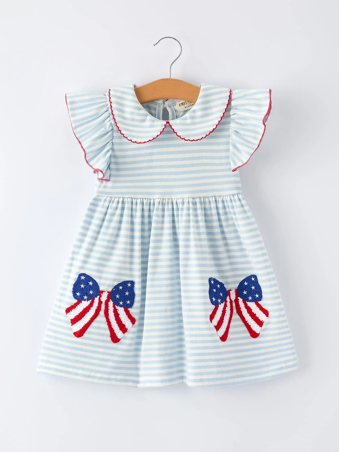 Image of 4th of July Stripe Girls Dress Bow Peter Pan Collar