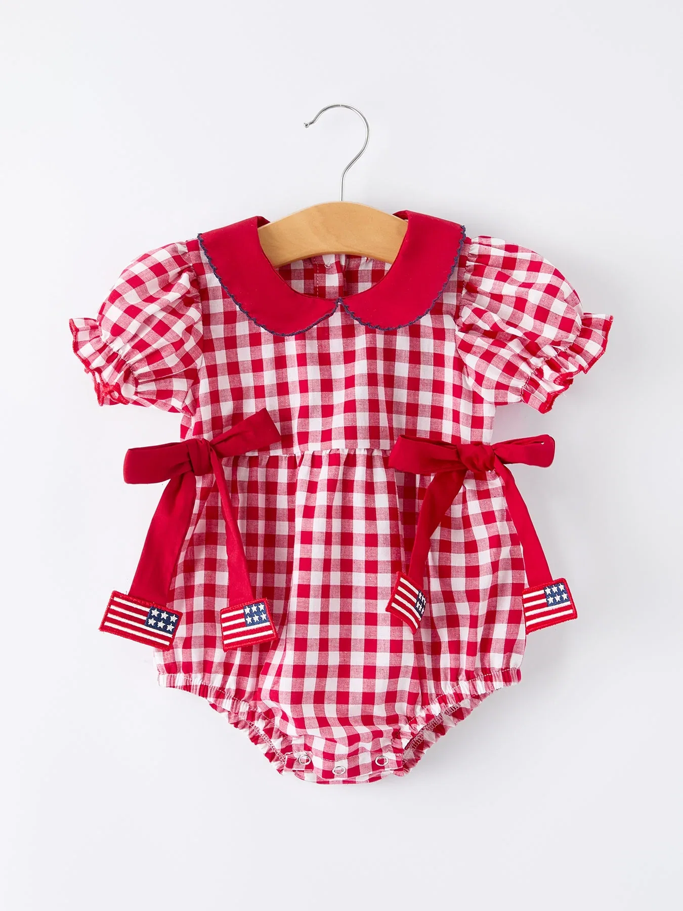 Image of 4th of July Flag Plaid Girl Peter Pan Collar Romper Bow