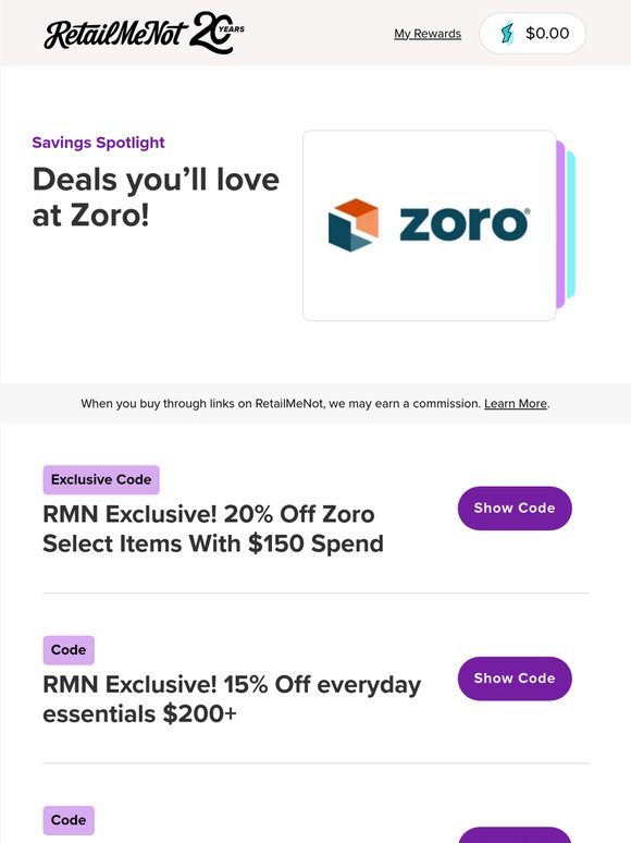 🧰 Zoro: Exclusive 20% Off + 14% Cash Back & More!