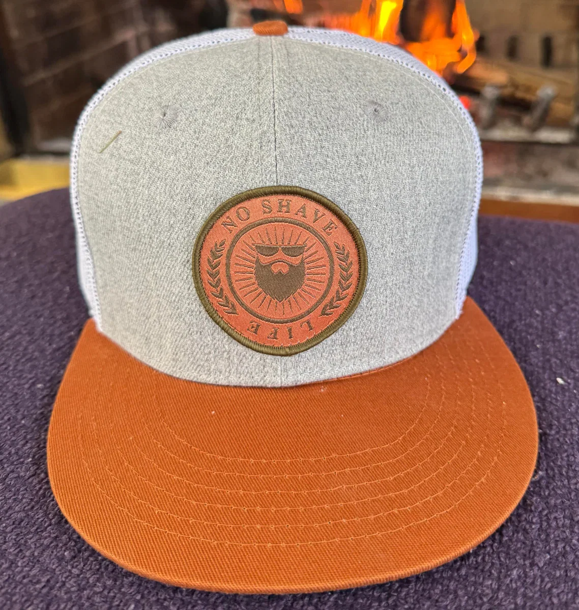 Image of No Shave Life Leather Badge Trucker Hat - Heather Grey & Leather Brown
