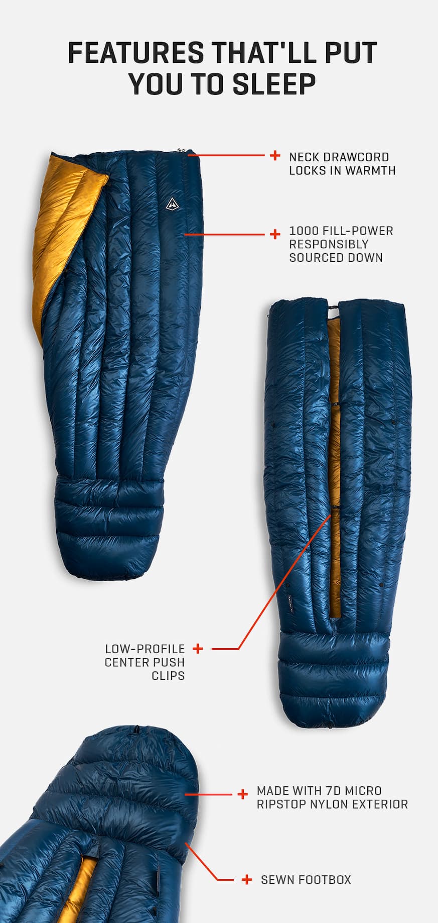 FEATURES THAT'LL PUT YOU TO SLEEP. + Neck drawcord locks in wamth. + 1000fp responsibly sourced down. + Low-profile center push clips. + Made with 7D micro ripstop nylon exterior. + Sewn footbox.