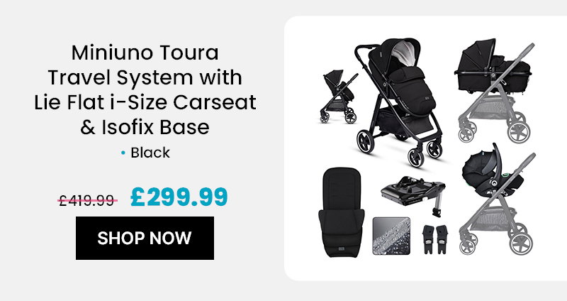 Miniuno Toura Travel System with Lie Flat i-Size Carseat & Isofix Base – Black 