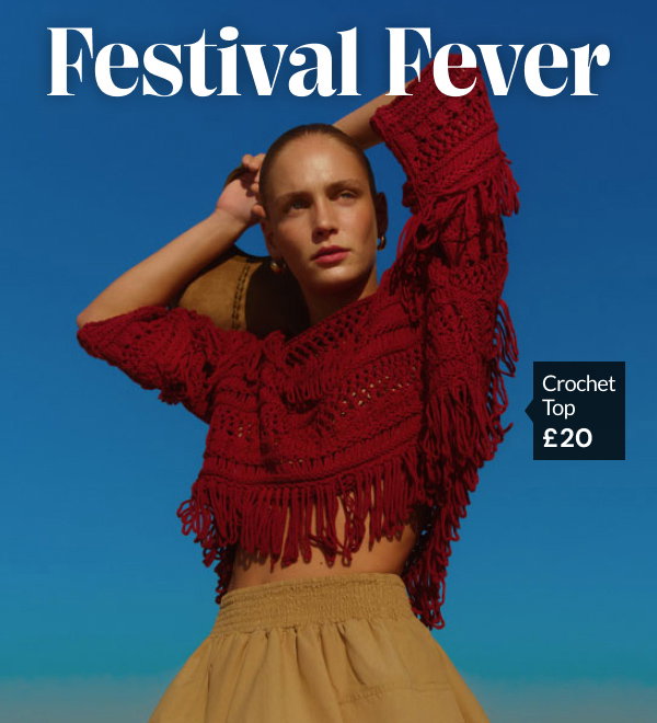 Festival fever. Woman wearing fringe crochet top £20.