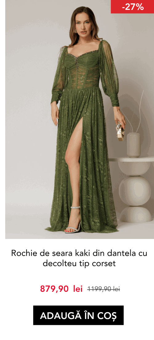 Rochie de seara kaki din dantela cu decolteu tip corset