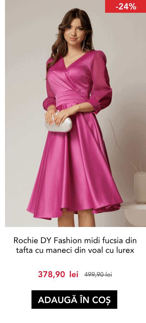 Rochie DY Fashion midi fucsia din tafta cu maneci din voal cu lurex
