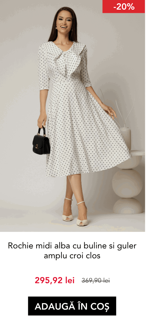 Rochie midi alba cu buline si guler amplu croi clos