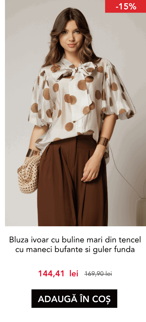 Bluza ivoar cu buline mari din tencel cu maneci bufante si guler funda