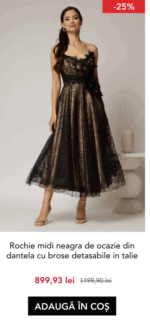 Rochie midi neagra de ocazie din dantela cu brose detasabile in talie