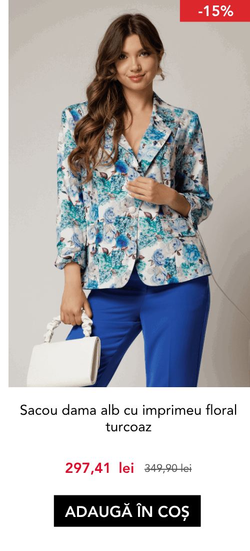 Sacou dama alb cu imprimeu floral turcoaz