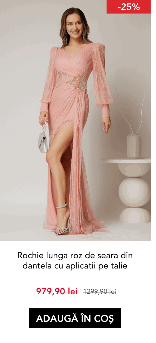 Rochie lunga roz de seara din dantela cu aplicatii pe talie