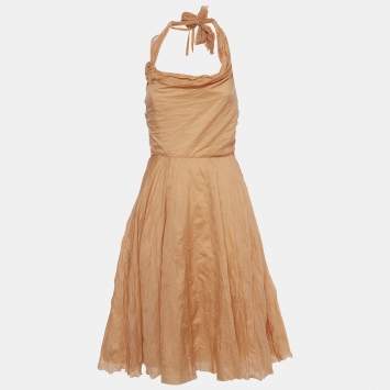 Tan Crinkled Silk Blend Halter