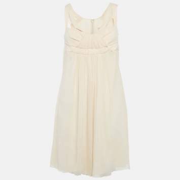 Beige Silk Gathered Mini Dress