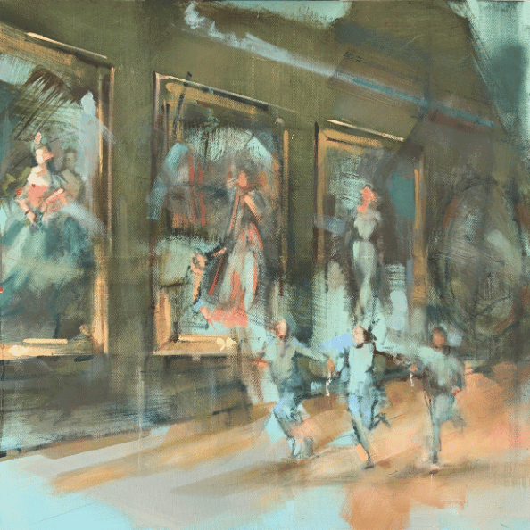 Painting of youths running in palace halls