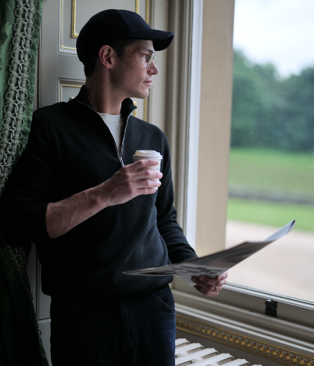 Sam Way wearing the Men's Carnaby Half Zip Cashmere Jumper
