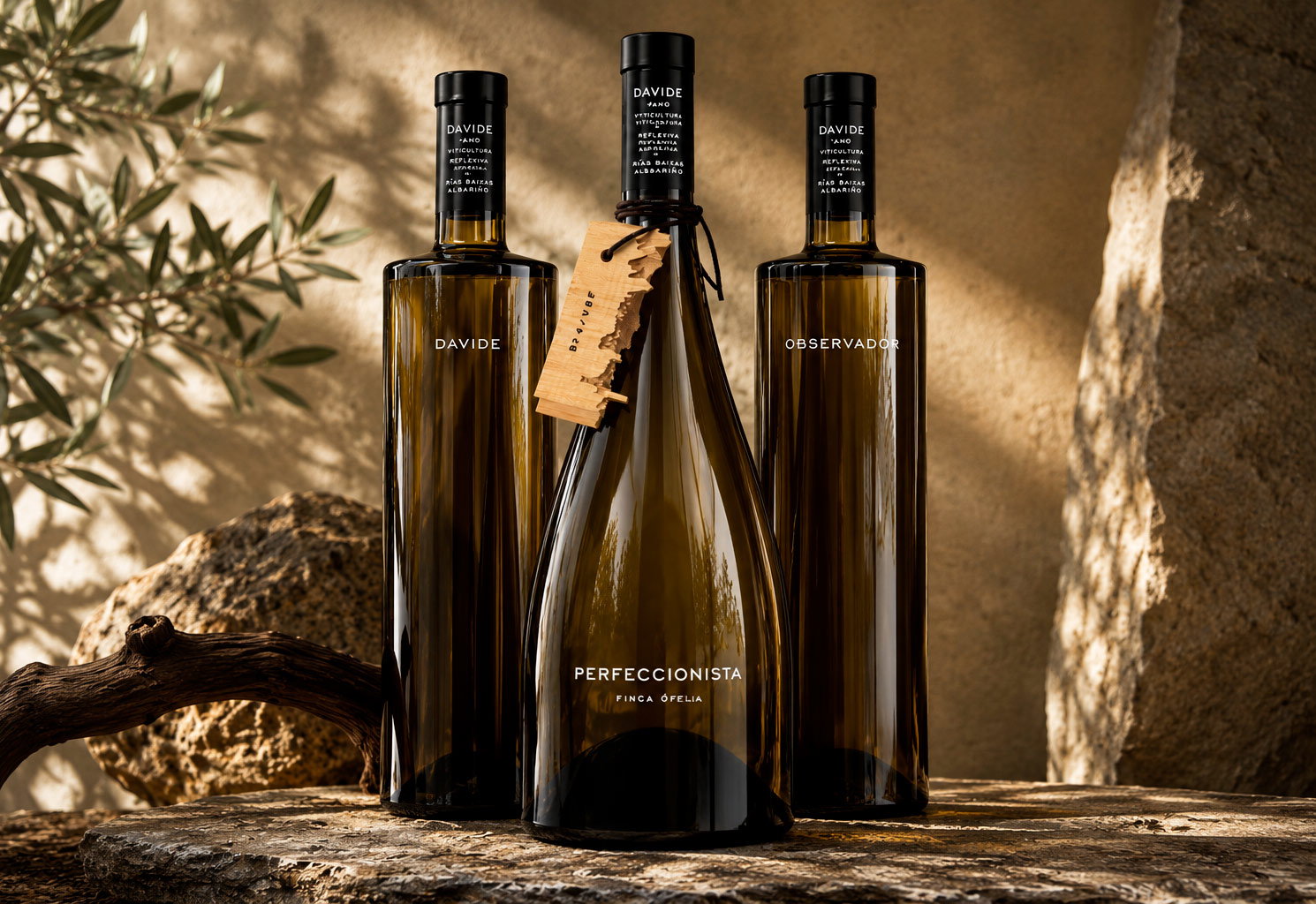 Three elegant dark glass wine bottles labelled 'Perfeccionista', 'Davide' and 'Observador' on rustic stone with olive branch