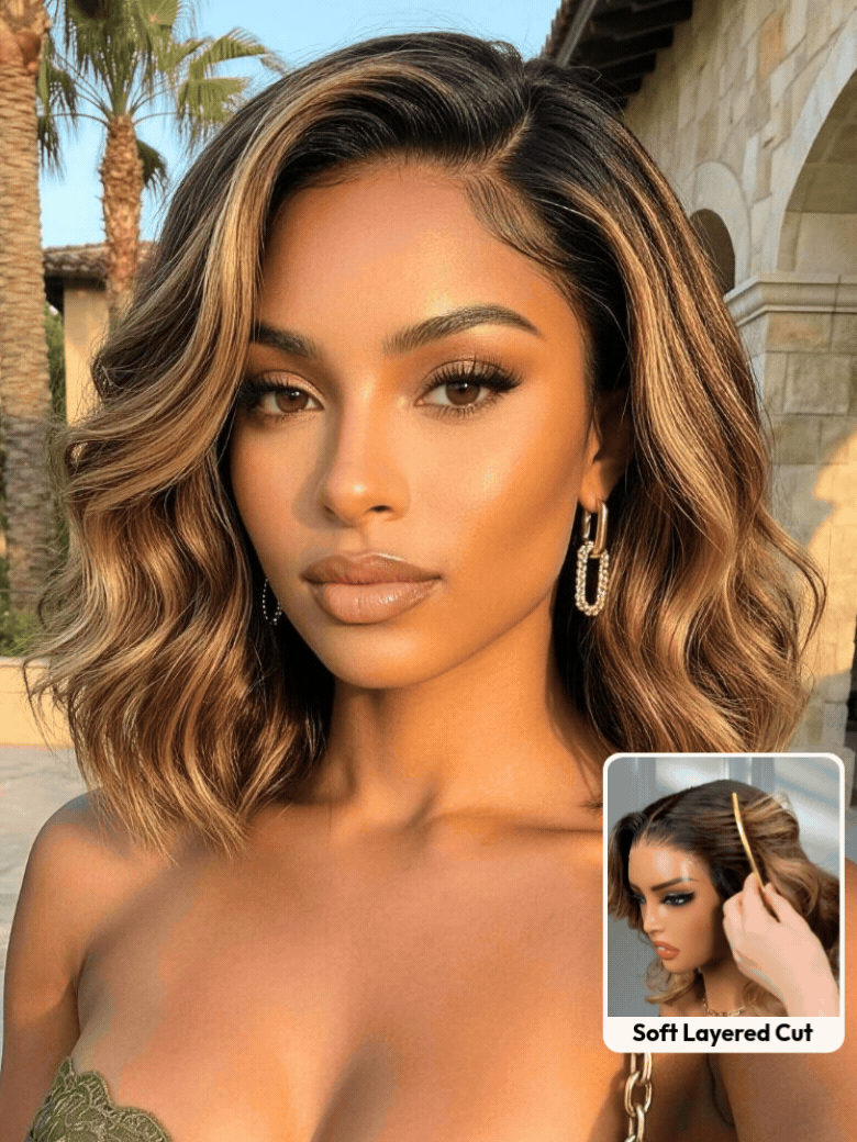 UNice 7x5 & 13x4 Pre-Everything™ Lace Frontal Brown With Honey Blonde Face-Framing Highlights Wavy Bob Glueless Drawstring Wig Secure Fit