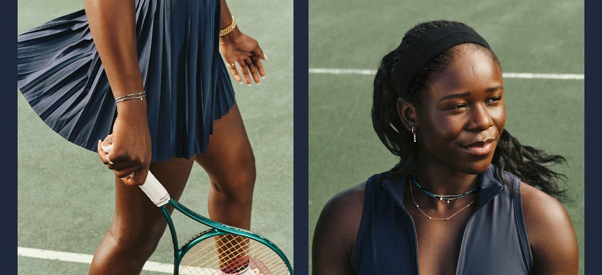 Left image: Close-up of hands and wrists styled with Mejuri gold rings and bracelets against a navy pleated skirt. Right image: Vicky holding a tennis racket on a court wearing a gold necklace.