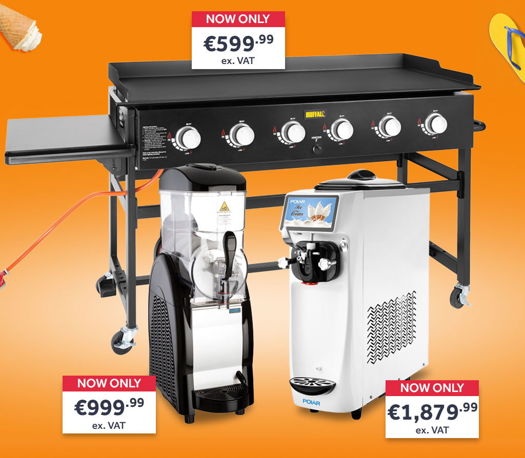 Montage of products including a CR886 - Buffalo Outdoor Gas Griddle, DB332 - Polar G-Series Slush Machine and UA034 - Polar U-Series Soft Serve Ice Cream Maker. Shop now >