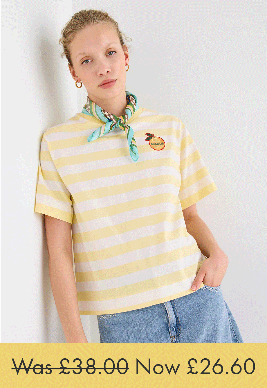 Yellow & White Striped Orange Embroidered T-Shirt