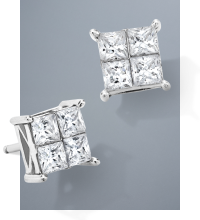 White gold princess-cut diamond cluster stud earrings.