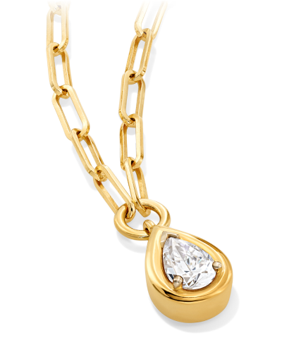 Yellow gold diamond bezel-set teardrop pendant on chain.
