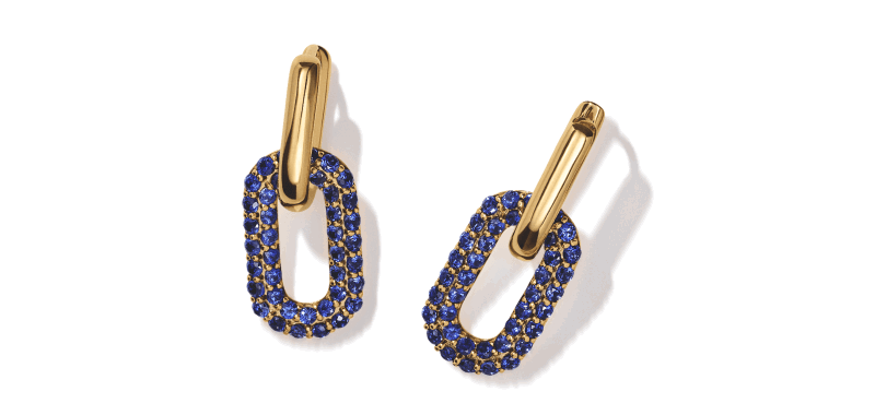 Yellow gold link drop earrings accented with blue gemstones.