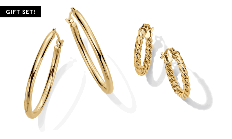Yellow gold hoop earring gift set featuring polished hoops and twisted rope hoops.