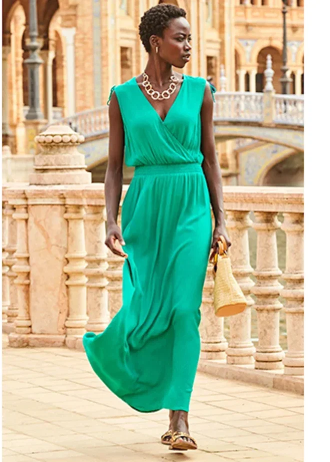 Emerald Green Tie Shoulder Crinkle Maxi Dress