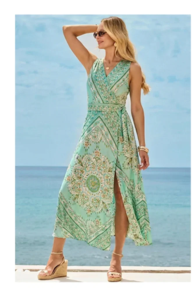 Green Scarf Print Satin Wrap Front Midi Dress