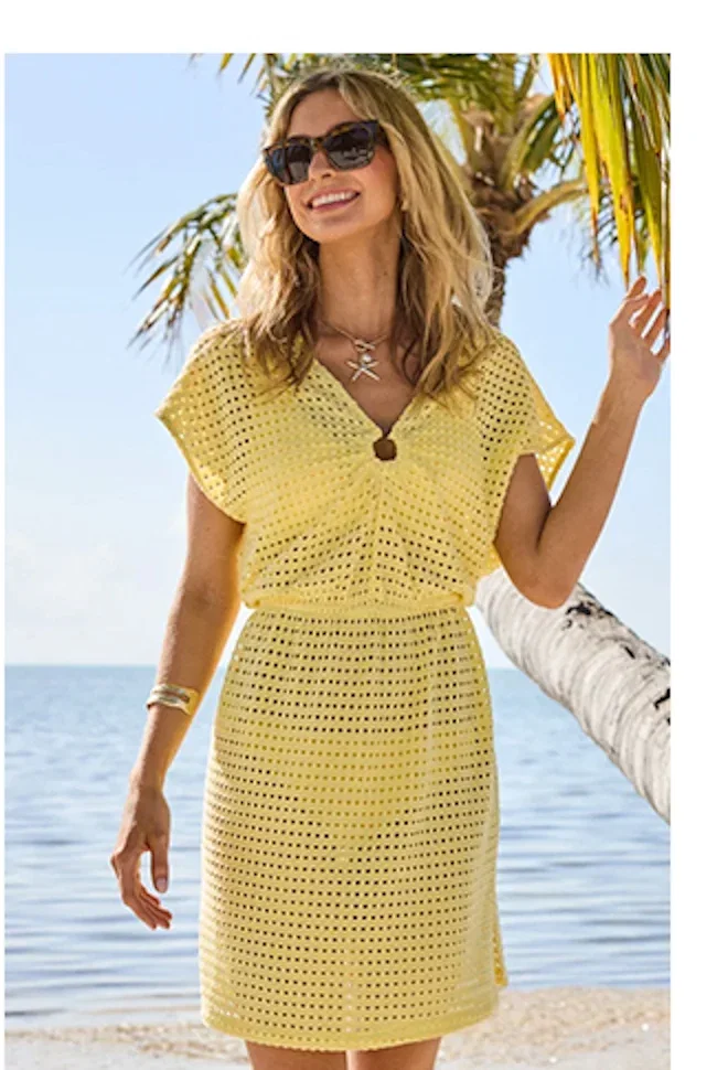 Yellow Crochet Ring Detail Shirred Waist Beach Dress
