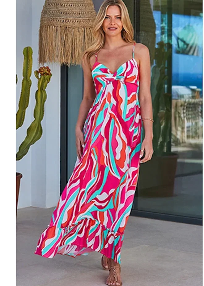 Pink Paradise Print Tiered Hem Sunshine Maxi Dress