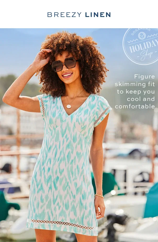 Aqua Blue Abstract Print Lace Trim Linen Blend Dress
