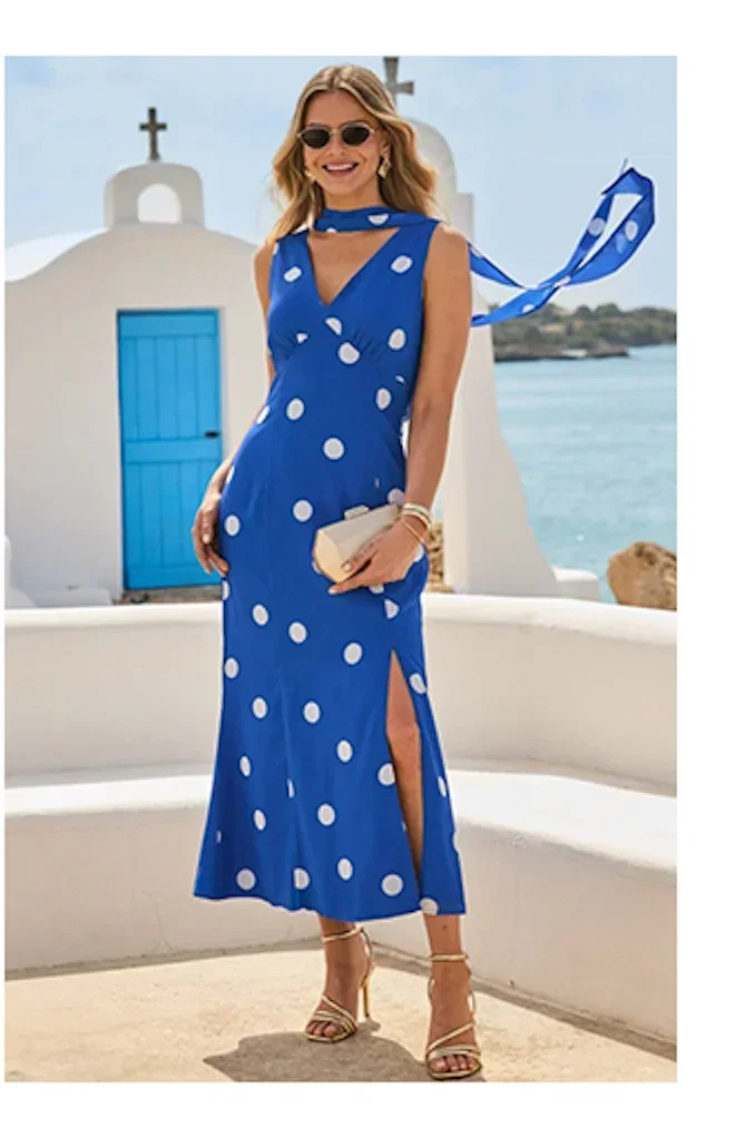 Blue Spot Print Cowl Back Dress With Neck Scarf
