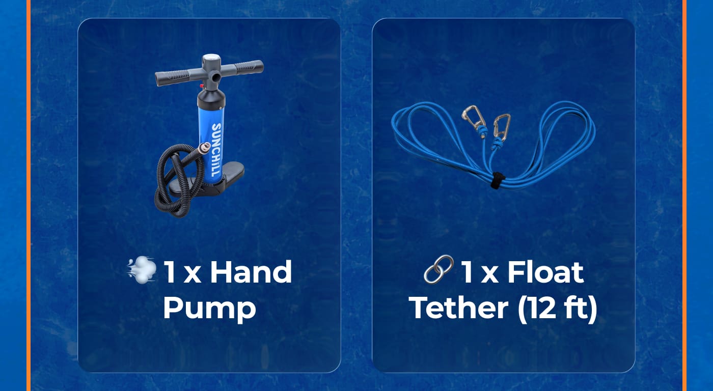1 x Hand Pump. 1 x Float Tether (12 ft)