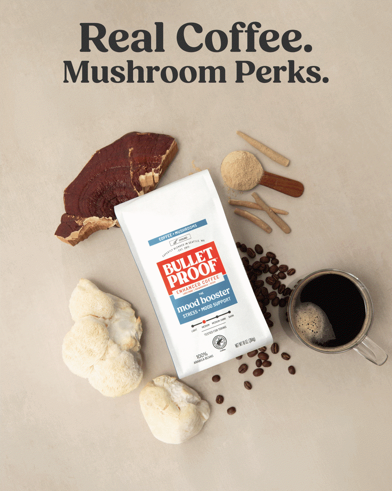 real coffee, mushroom perks