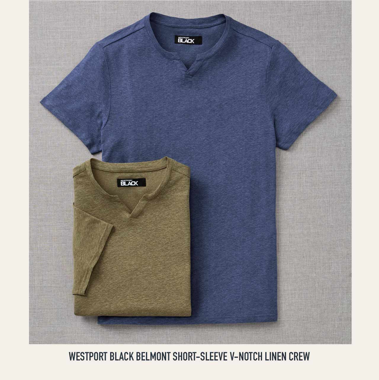 Westport Black Belmont short-sleeve V-notch linen crew in navy and olive