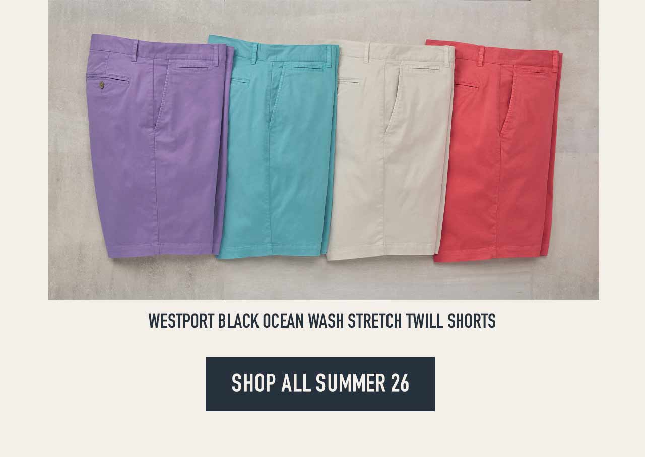 Westport Black Ocean Wash Stretch Twill Shorts in purple, teal, cream, and coral, with Shop All Summer 26 button