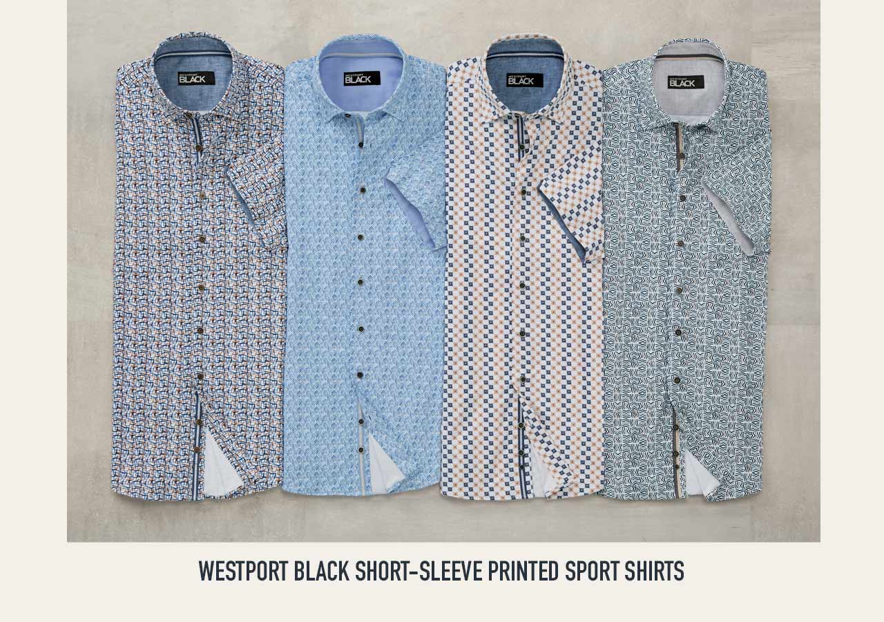 Westport Black short-sleeve printed sport shirts in four patterns — two blue prints, a blue-and-white check, and a green floral print — laid flat