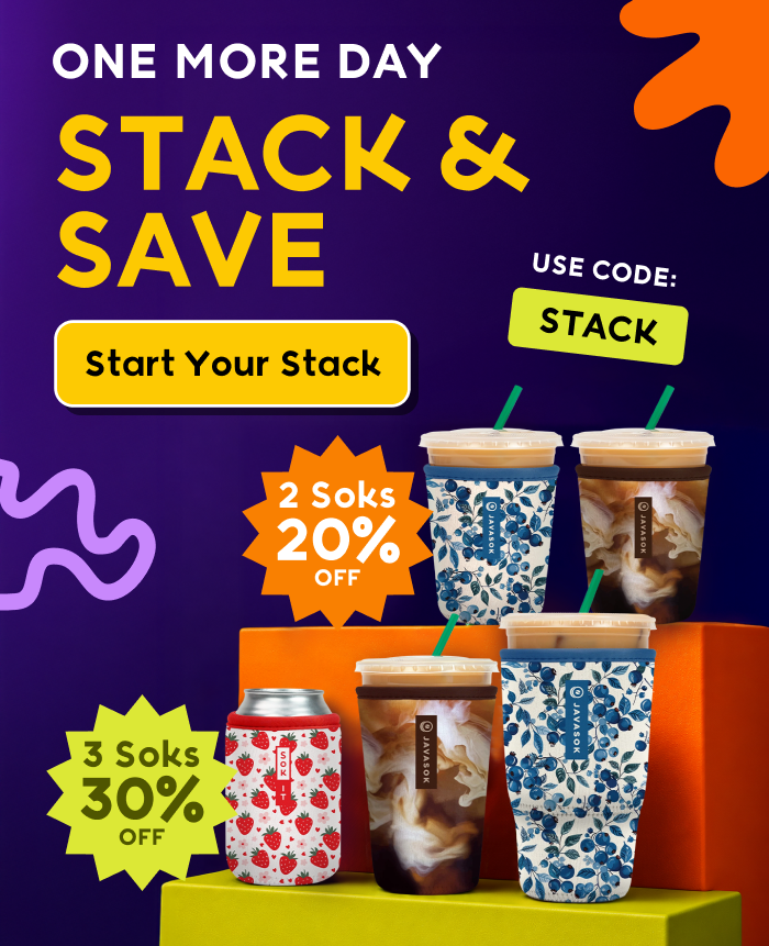 Stack & Save promotion featuring insulated drink sleeves and tumblers with discounts on multi-item purchases.
